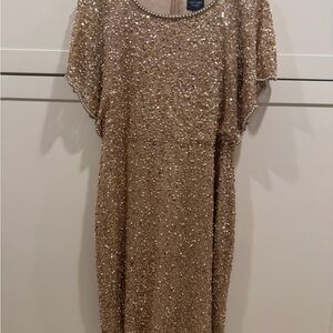 Adrianna Papell Gold Sequin Beaded Cocktail Dress 14 Art Deco Glam